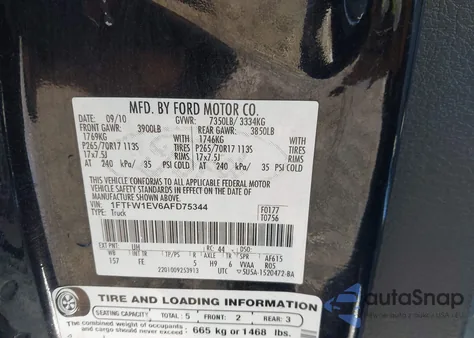 2010 Ford F-150 Fx4/Harley-Davidson/King Ranch/Lariat/Platinum/Xl/Xlt из США, поврежденный, VIN 1FTFW1EV6AFD75344